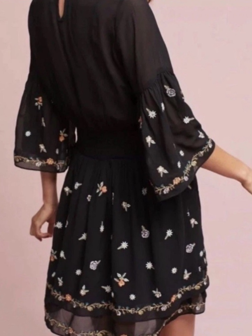 Maeve Anthropologie Black Floral Embroidered Layered Sheer Ruffle Mini Dress - Picture 7 of 15